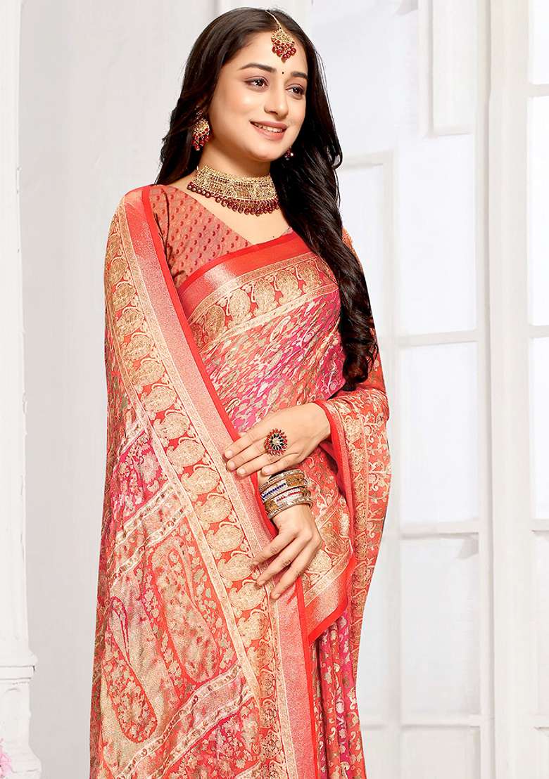 Orange Brasso Saree Set with Embroidered for Diwali | Wedding & Festive Wear - Indya